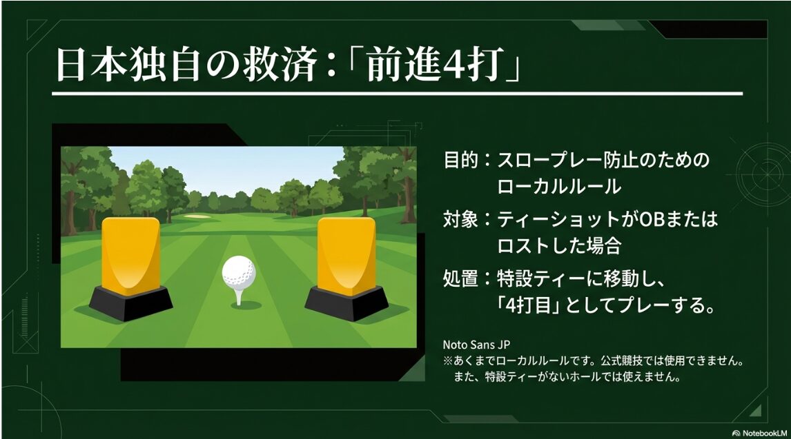 前進4打(プレイング4)の仕組み 特設ティーから4打目として再開する日本独自のプレイング4ルールの解説図