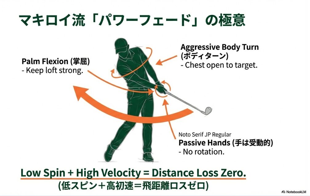 パワーフェードの極意。掌屈、ボディターン、受動的な手の動きの図解