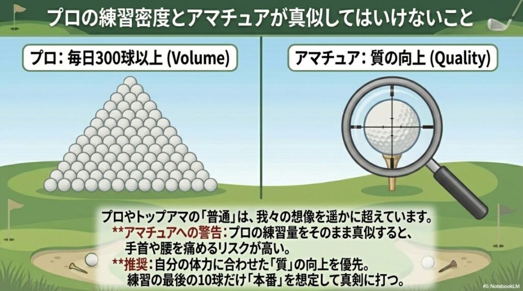 プロの圧倒的な練習量とアマチュアが意識すべき練習の質向上を比較したイメージ図