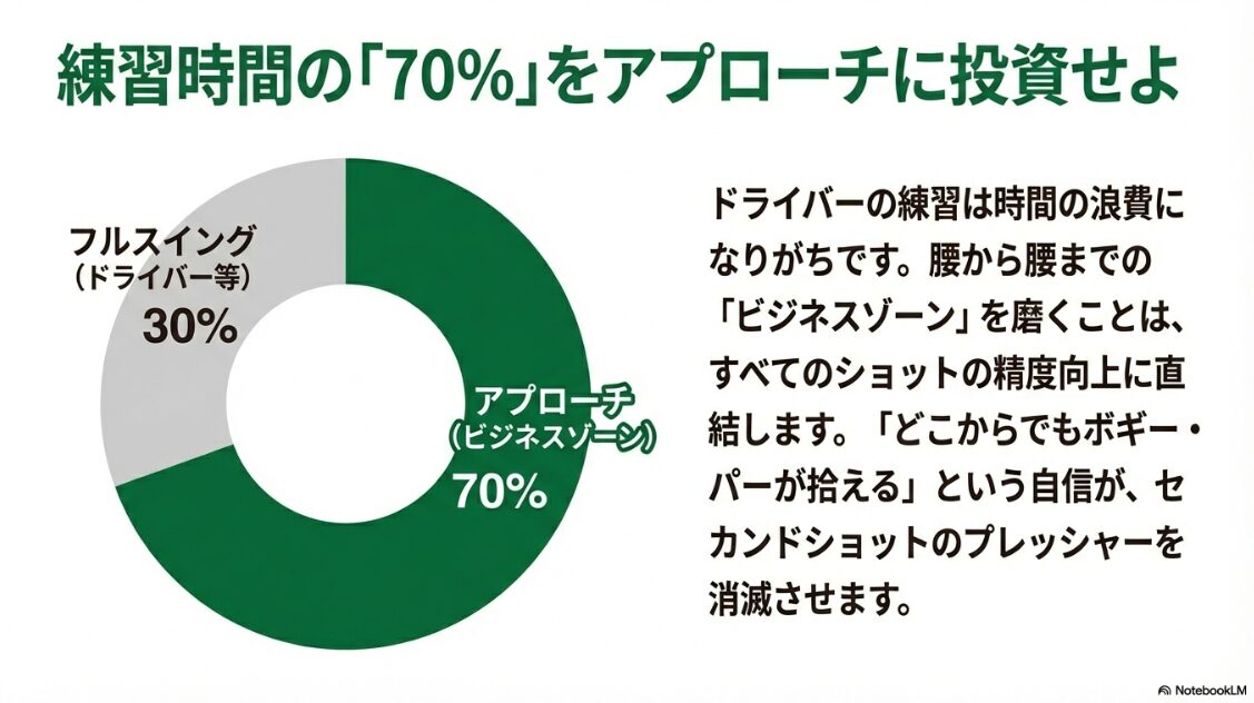 ゴルフの練習時間の70パーセントをアプローチに充てるべきことを示す時間配分の比率図
