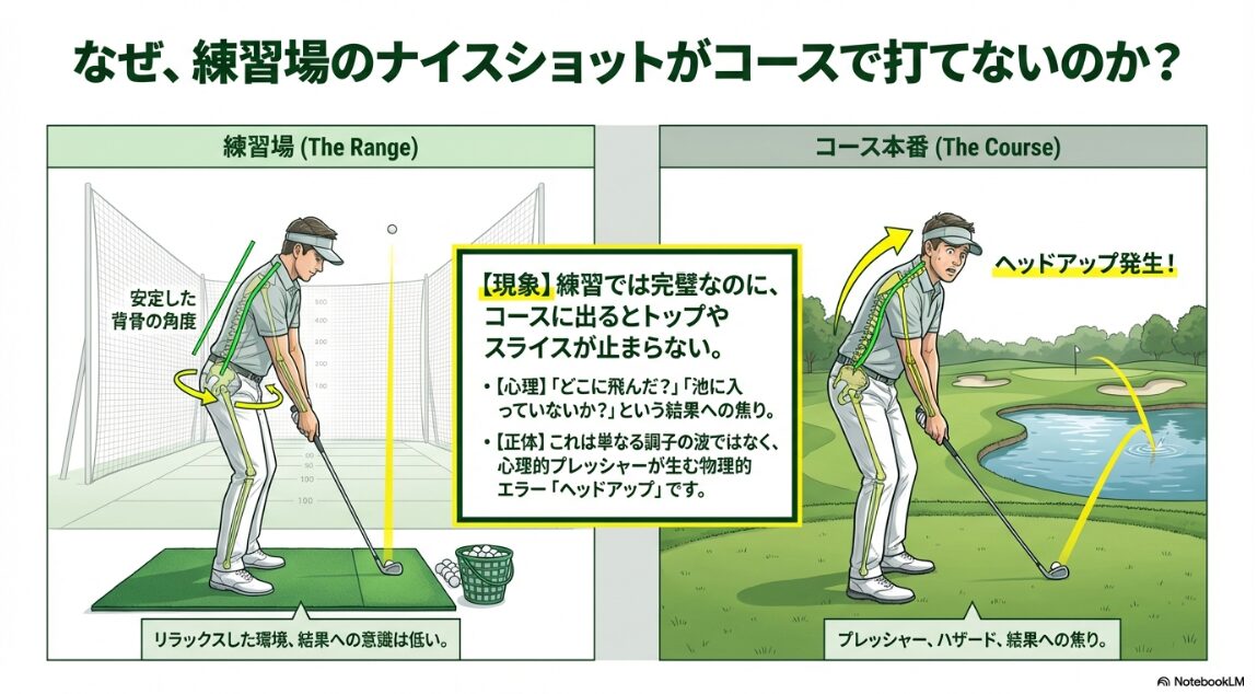 コースでヘッドアップが起こる心理的メカニズム 練習場とコース本番での心理状態の違いとヘッドアップ発生の比較図