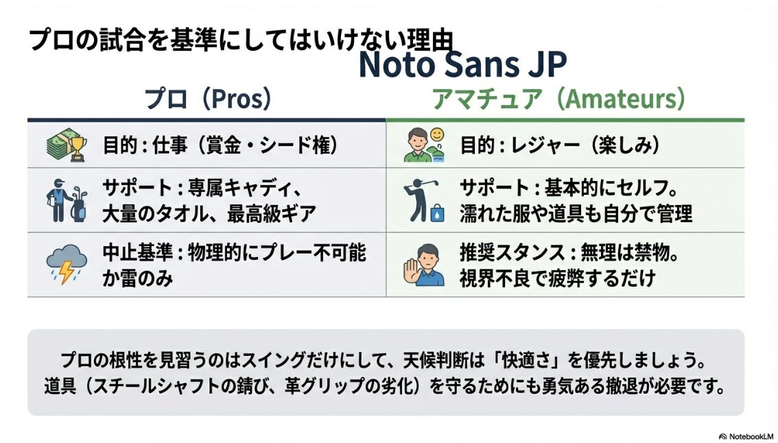 プロの試合とアマチュアのレジャーゴルフにおける雨天中止基準の違いを比較した表