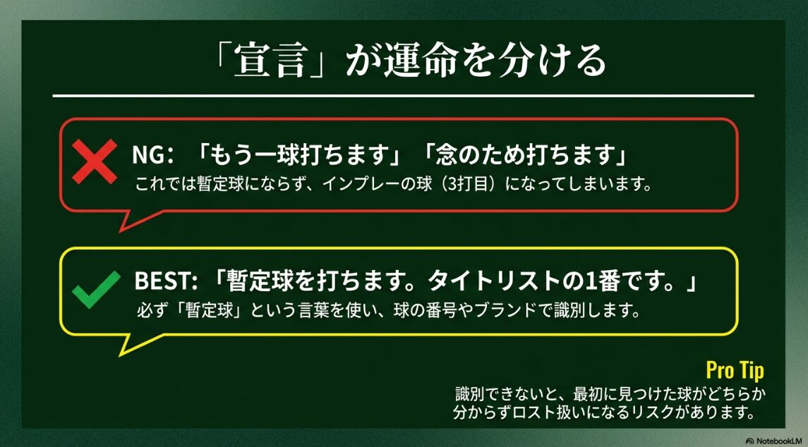 正しい宣言が運命を分ける 暫定球を打つ際の正しい宣言方法とNG例の比較図