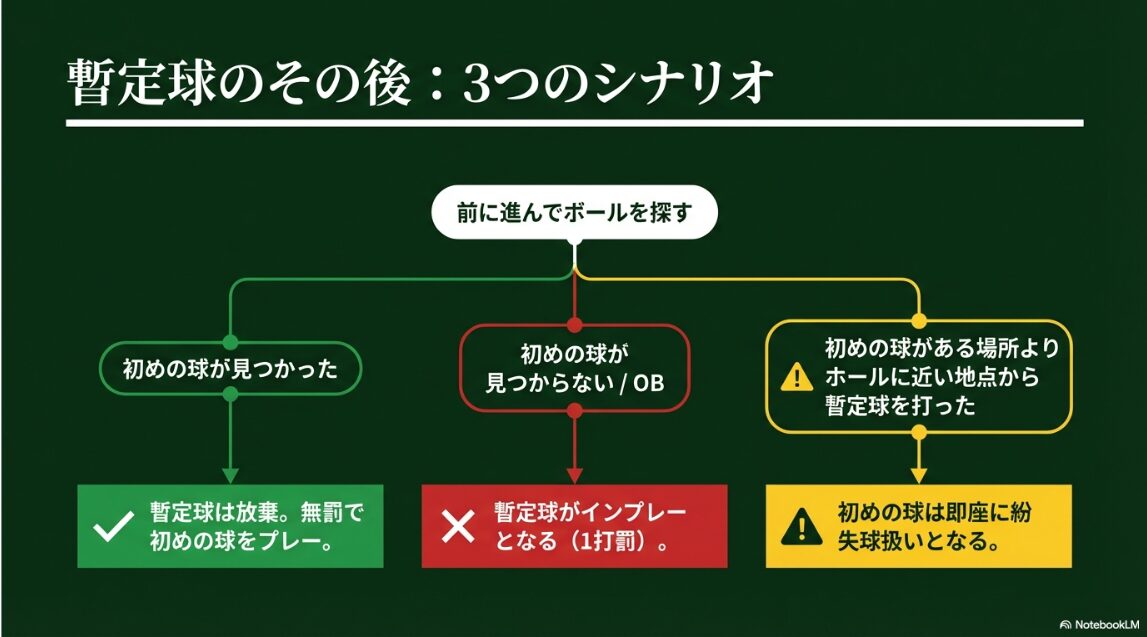 暫定球のその後:3つのシナリオ 暫定球を打った後の3つの展開を示すフローチャート図