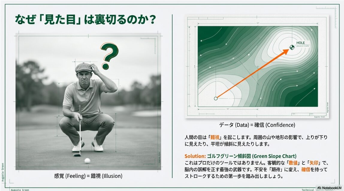 感覚に頼るパッティングとデータに基づくパッティングの比較図