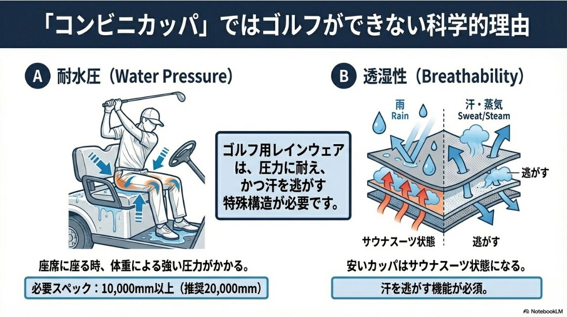 ゴルフレインウェアの耐水圧と透湿性の重要性を示す機能解説図