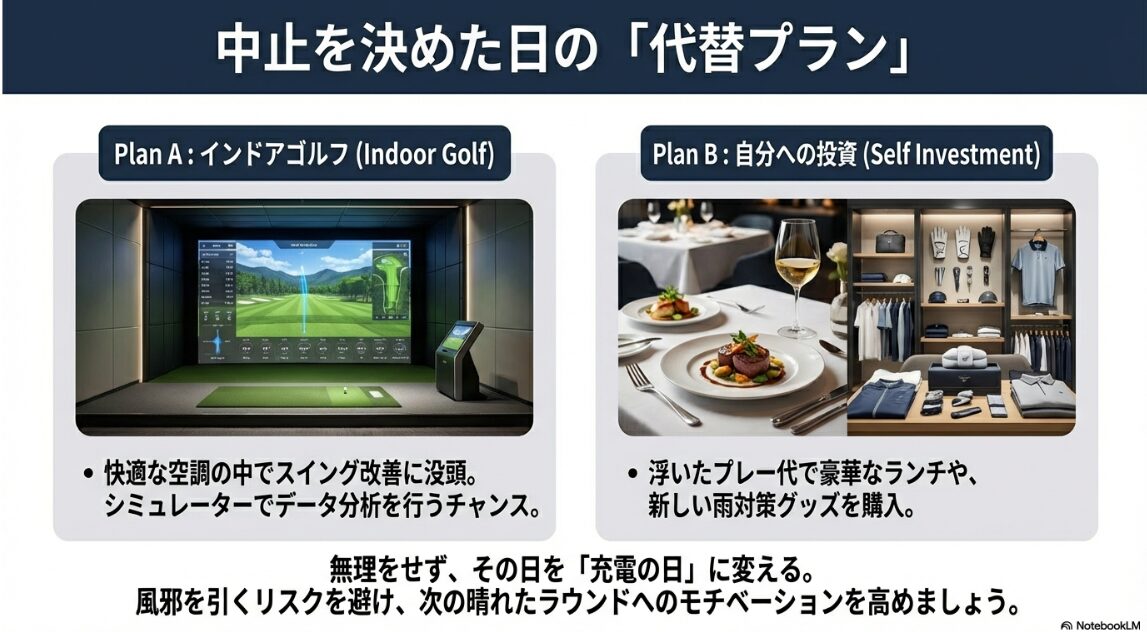雨天中止時のインドア練習やゴルフショップ巡りなどの代替プラン案