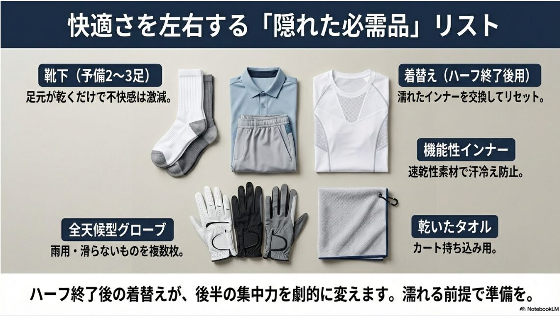 雨の日のゴルフを快適にするための予備靴下やグローブ、着替えのチェックリスト