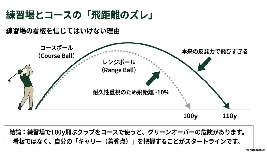 ゴルフ練習場のレンジボールとコースボールの飛距離と弾道の違いを解説した図解