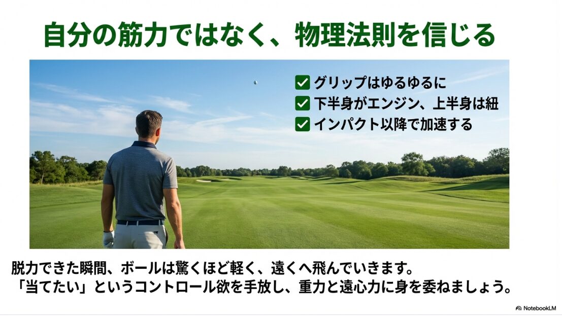 脱力スイングを習得するための重要ポイントをまとめた最終確認スライド