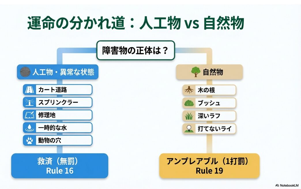 人工物なら無罰、自然物なら1打罰を判定するゴルフ救済ルールのフローチャート