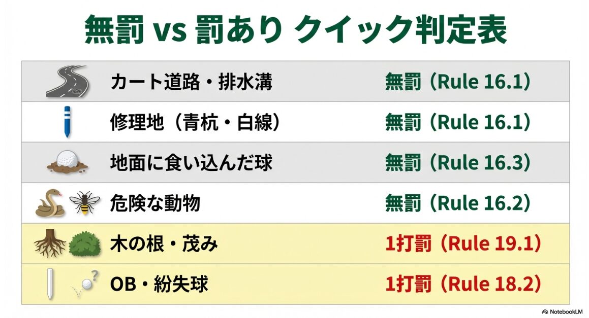 トラブル状況に応じた無罰救済と1打罰アンプレアブルのクイック判定表