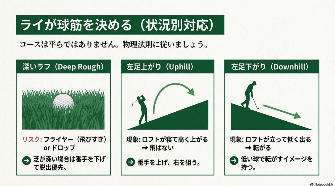 深いラフや左足上がり、左足下がりなどのコースライに合わせたゴルフボールの飛び方と対策図