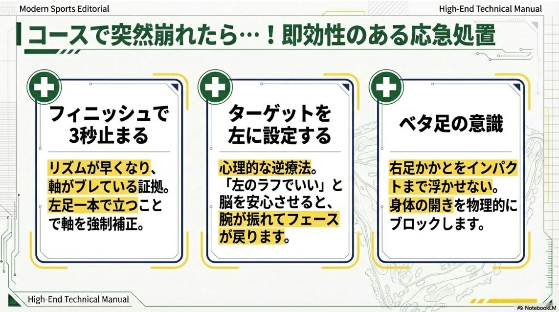 ラウンド中に突然プッシュアウトが出た際の3つの応急処置まとめ図