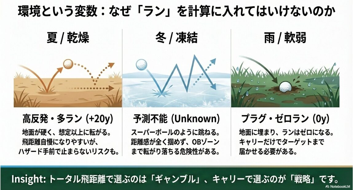 天候や地盤の状態によって変化するランの変動リスクを解説した図