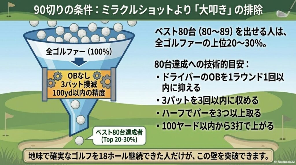 ベストスコア80台を達成するために必要なOB抑制、3パット撲滅、100ヤード以内の精度向上などの技術条件