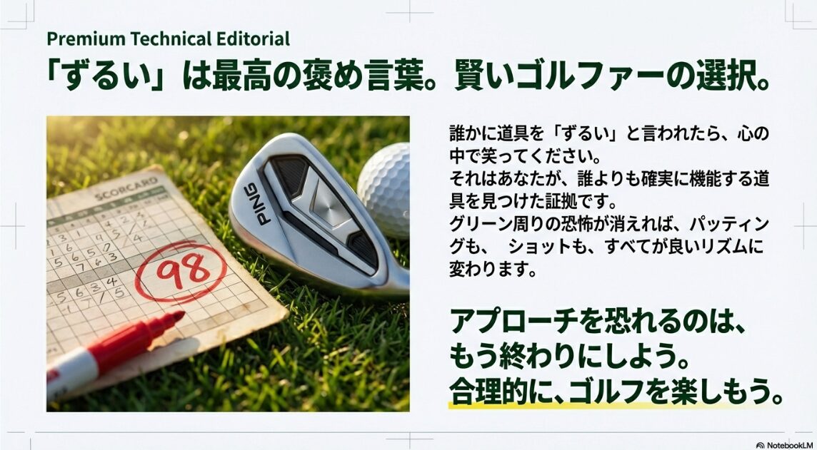 チッパーを活用してアプローチミスを激減させ、100切り達成のスコア98を記録したスコアカード写真