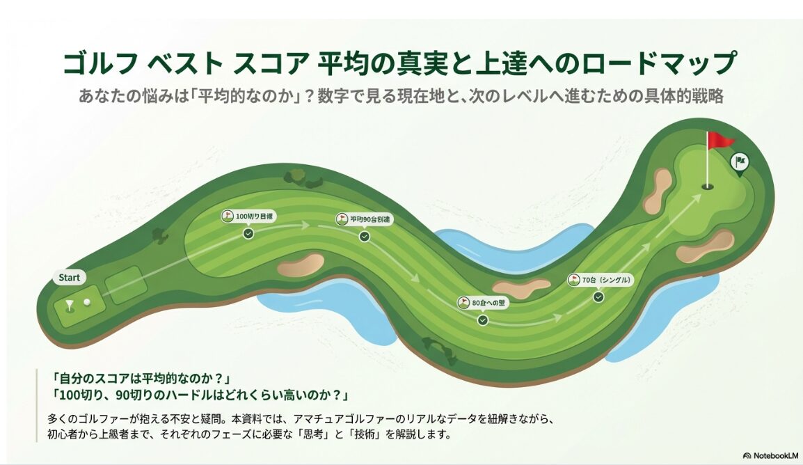 ゴルフ初心者からシングルプレーヤーまでの上達ステップを示したロードマップ図解
