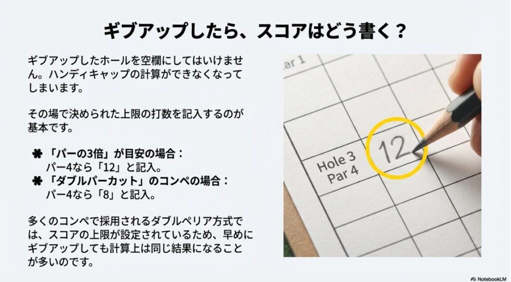ギブアップした際にスコアカードに上限打数（12打など）を記入している写真