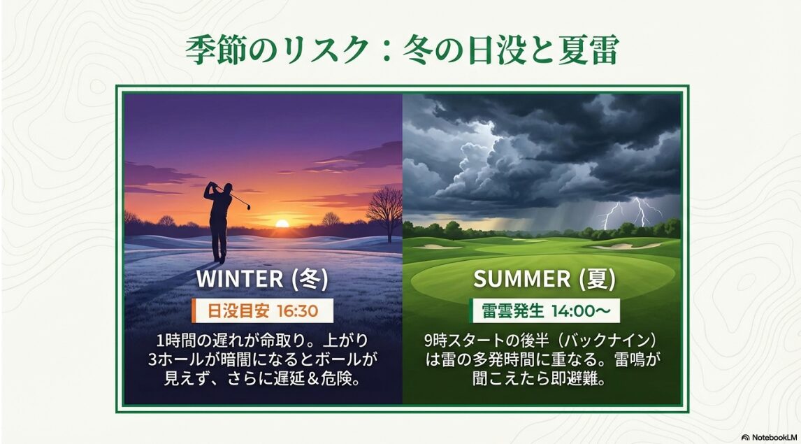 冬の16:30日没目安と夏の14:00以降の雷雨発生リスクを視覚化した季節別リスク管理図