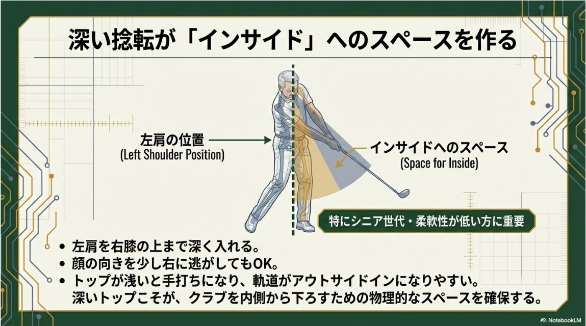 シニアゴルファーが深い捻転でインサイドから下ろすスペースを作る方法