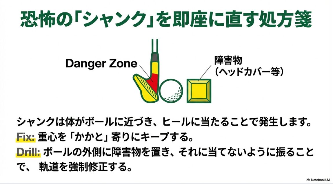 ゴルフのシャンクを即座に直すための障害物ドリルの解説図