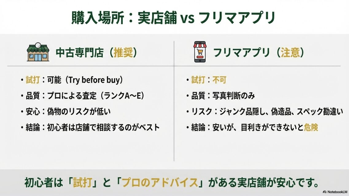中古ゴルフショップとメルカリ等のフリマアプリのメリット・デメリット比較表