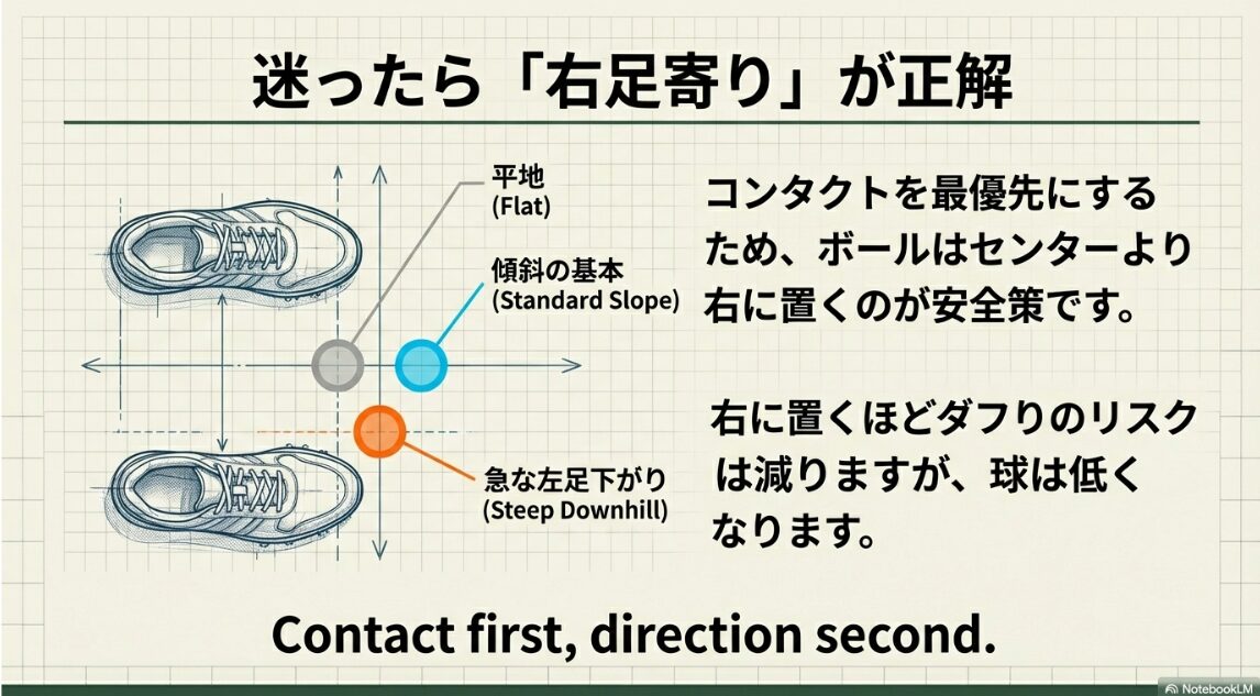 ゴルフの左足下がりの傾斜に合わせてボールの位置を右足寄りに調整していく基準を示す図解