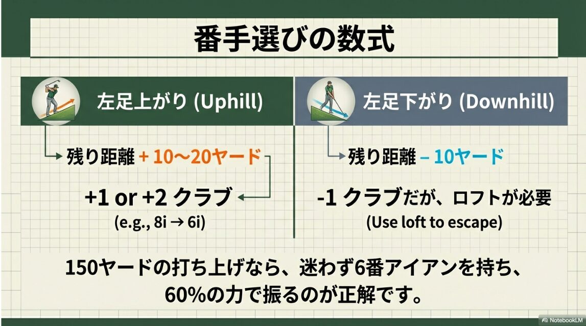 ゴルフの打ち上げや打ち下ろしの傾斜に合わせて番手を変更する具体的な距離補正の計算式の図表