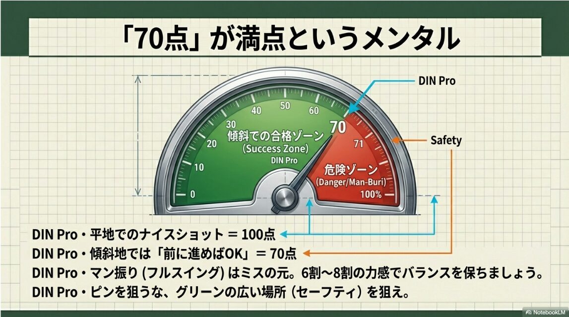 傾斜地では100点満点を狙わず70点の前進を成功とするゴルフのメンタル管理のグラフ図