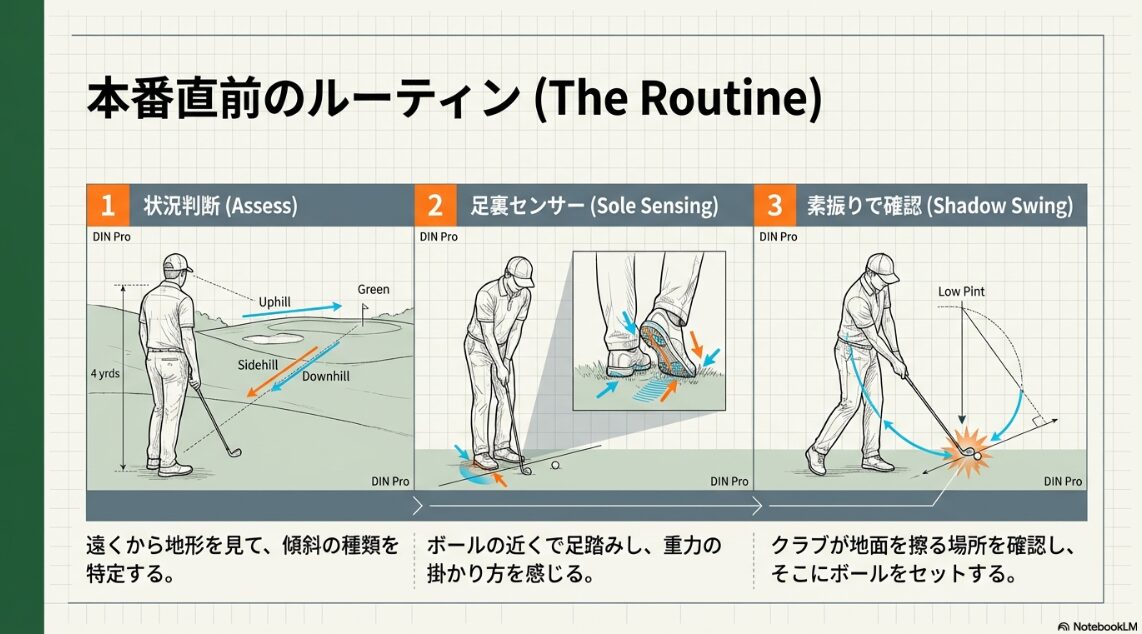 ゴルフの傾斜ショットを成功させるための3ステップのプリショットルーティンの図解