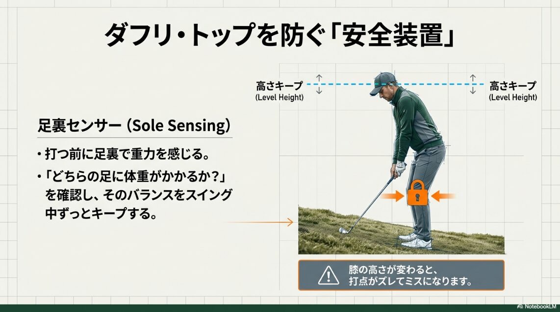 足裏センサーで重力を感じ膝の高さを固定してミスを防ぐゴルフの傾斜ショットのポイント図解