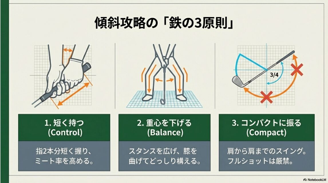 ゴルフの傾斜地を攻略するための鉄の3原則：短く握る・重心を下げる・コンパクトに振るのアイコン図解