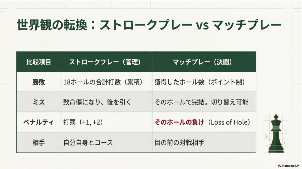 ストロークプレーとマッチプレーの勝敗基準やペナルティ、対戦相手の違いをまとめた完全比較表