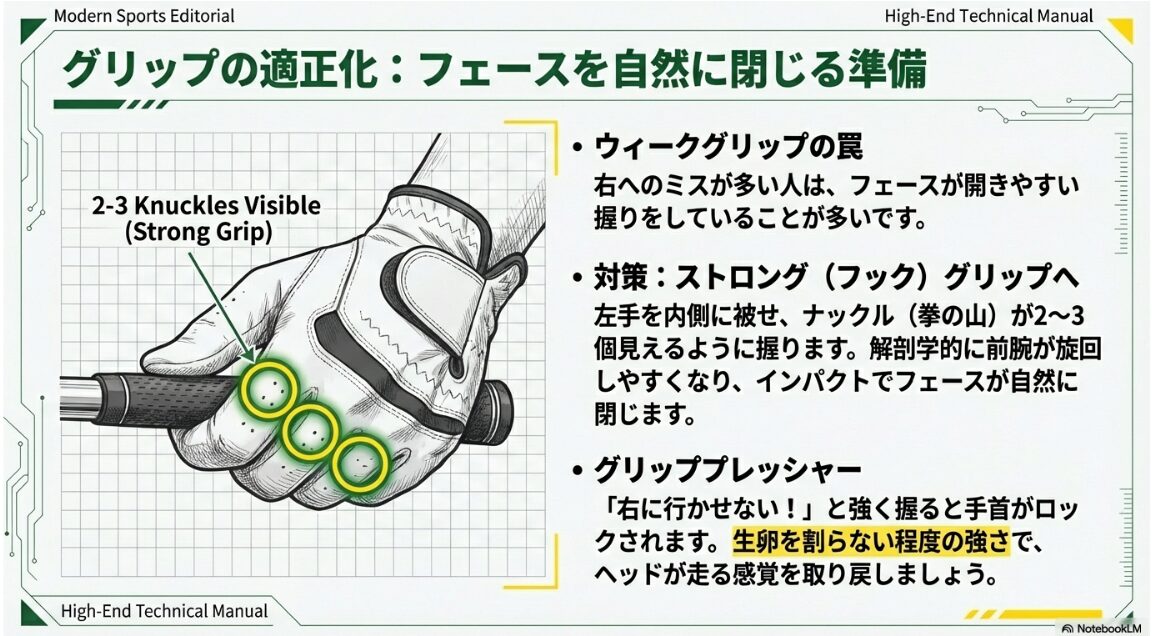 左手の拳の山が2〜3個見えるストロンググリップの正しい握り方の図