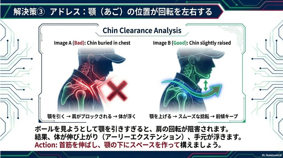 ゴルフのアドレスにおける正しい顎（あご）の高さと首周りのスペース