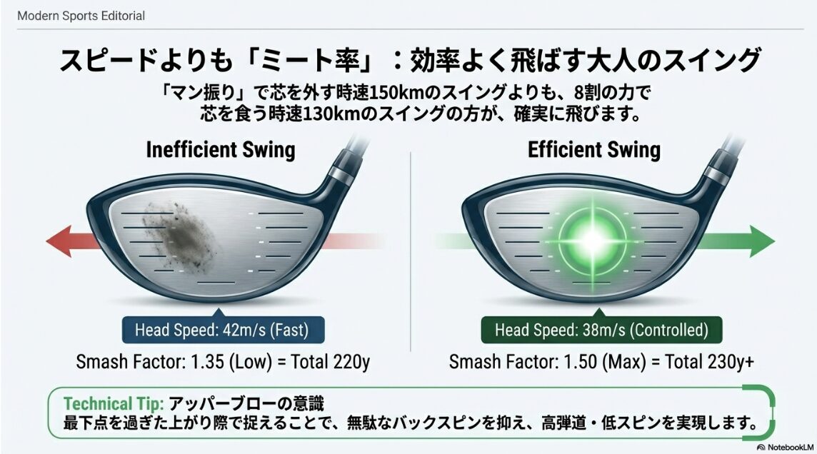 ヘッドスピードよりもミート率を重視した効率的なスイングの比較図