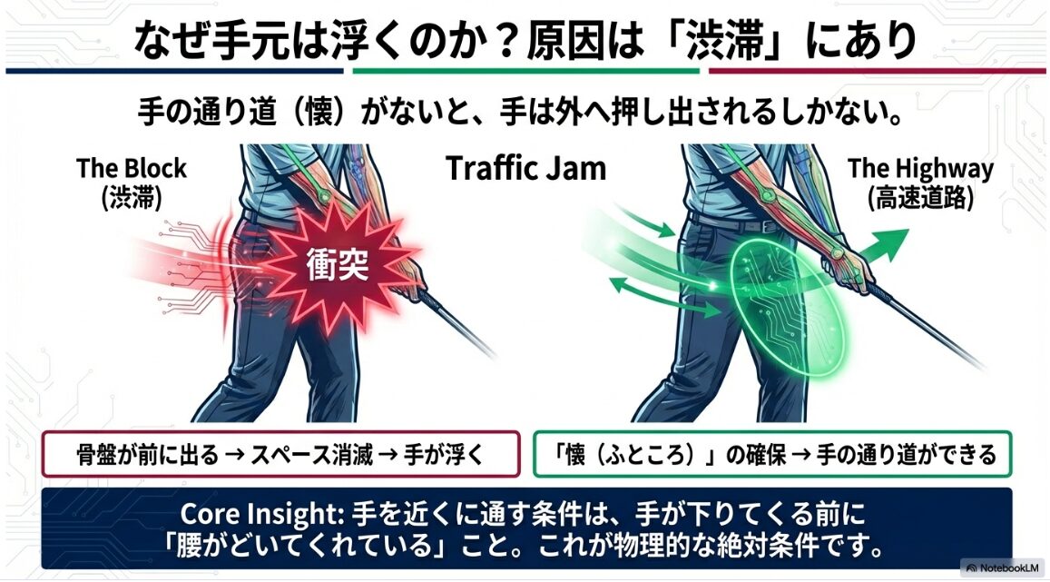 ダウンスイングで手が体から離れる原因「懐の不足」の解説