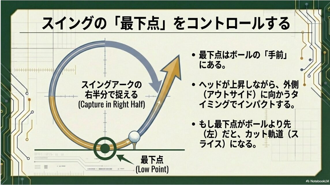 ドライバーでドローを打つためのスイング最下点の位置とインパクト軌道