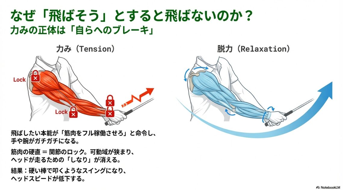 ゴルフスイングで筋肉が緊張し関節がロックされるメカニズムの解説図