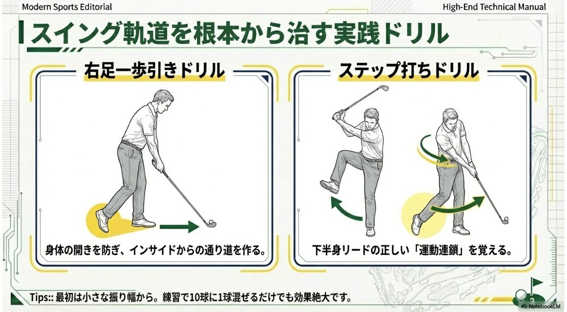 右足を一歩引くドリルとステップ打ちドリルのやり方を示す練習図解
