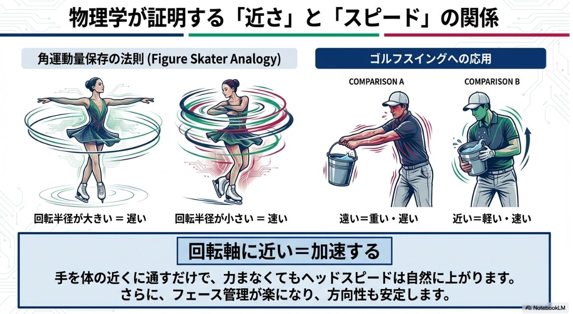 ゴルフスイングにおける角運動量と手元の近さによる加速の物理図解