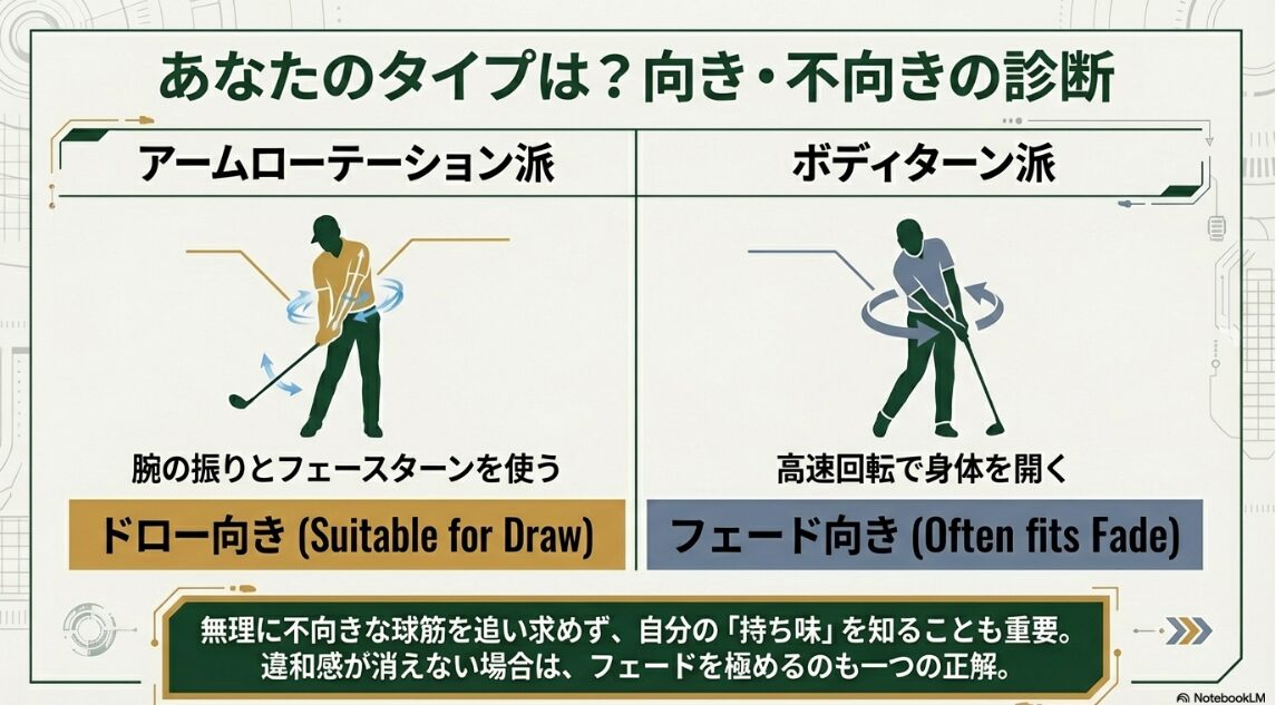 アームローテーション派とボディターン派による球筋の向き不向き診断
