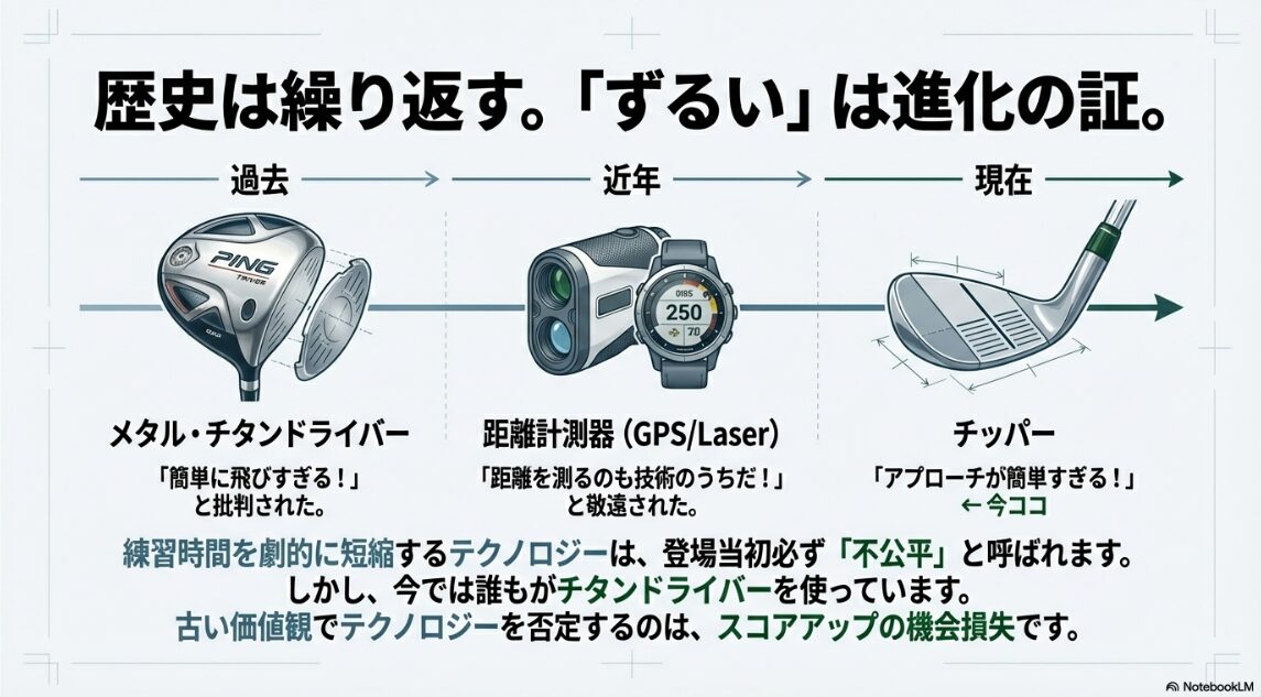 メタルドライバーや距離計測器など、過去に「ずるい」と呼ばれたゴルフテクノロジーの進化の歴史