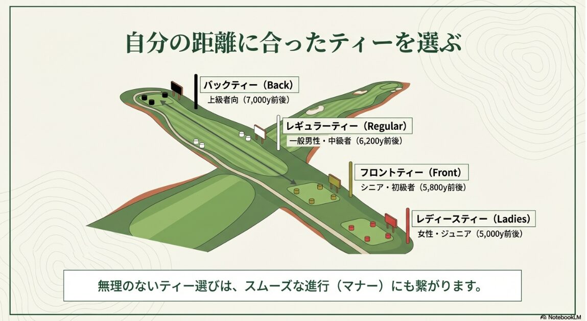ゴルフコースのティーの種類（バック・レギュラー・レディース等）と距離の比較図