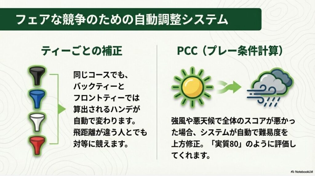 バックティーやフロントティーの補正と天候によるPCC自動調整機能の仕組み