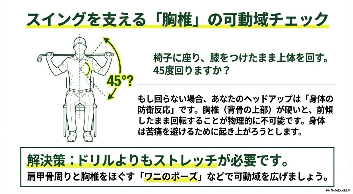 スイング軸を支える胸椎の可動域チェック 椅子に座り胸椎の柔軟性を確認する45度回旋セルフチェックの手順