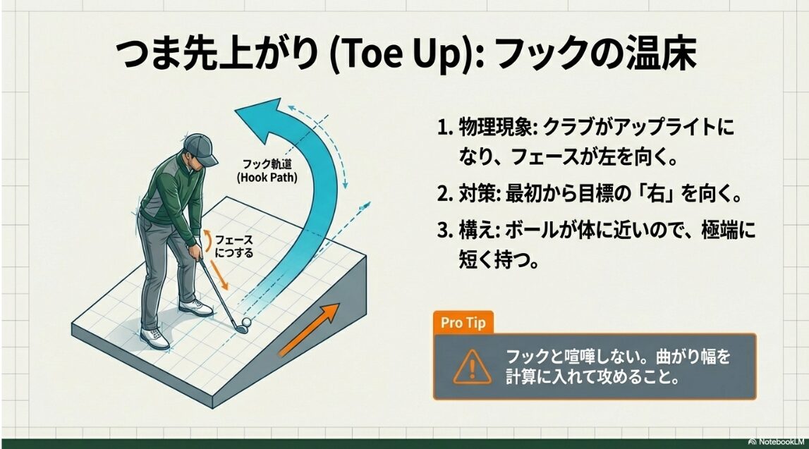 つま先上がりの傾斜でクラブがアップライトになりフック回転の軌道を描く様子を示すイラスト