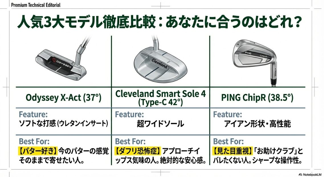 オデッセイ X-Act、クリーブランド Smart Sole 4、PING ChipRの人気チッパー3機種徹底比較表