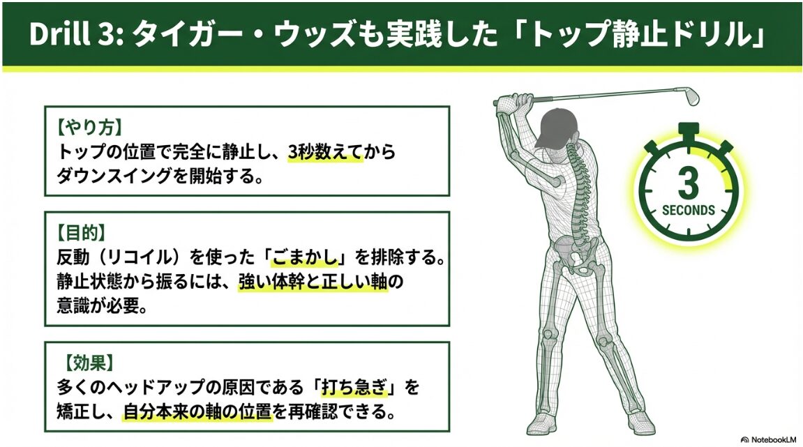 打ち急ぎをなくすトップ静止ドリルの極意 トップで3秒静止し打ち急ぎを矯正するタイガー・ウッズ流ドリルの手順